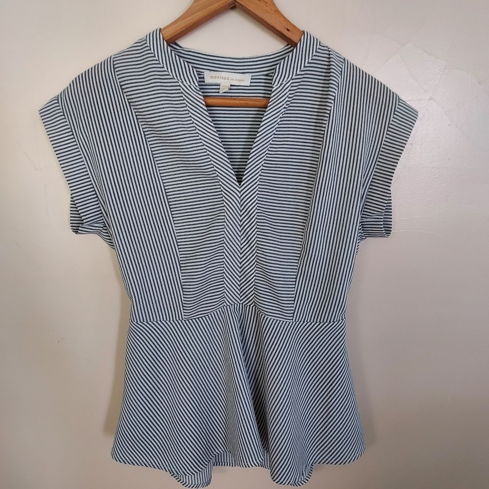 Striped Peplum Textured Blouse Navy White L Coastal Nautical Preppy
